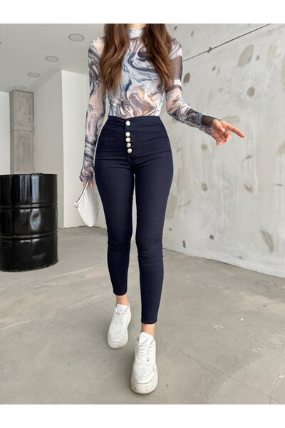 BİKELİFE Women's Navy Blue High Waist Slim Leg Buttoned Leggings Trousers
