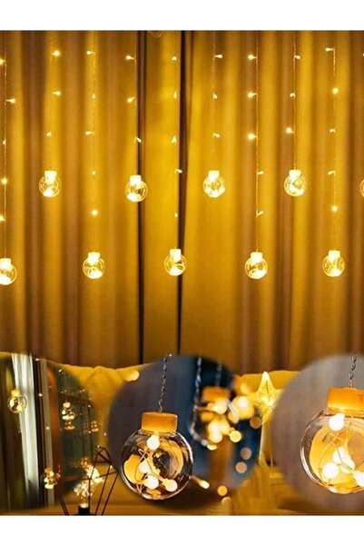 rkm store Dekoratif Işıklı Saçaklı Top Perde Led Fişli 8 Fonksiyonlu Günışığı