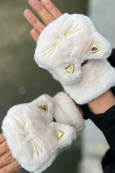 novon Premium Plush Gloves with Cute Cat Design and Fur Cover Buttons Inside