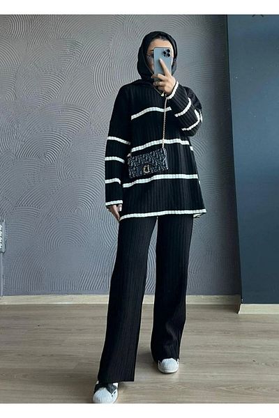 BlueTex Two-Color Seasonal Thin Fabric Knitwear Set Black