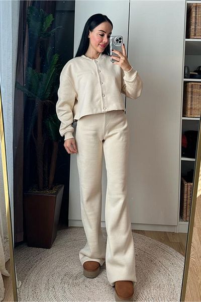 My Blog Women's Ecru Premium Snap Jacket 3 Thread Tracksuit Set