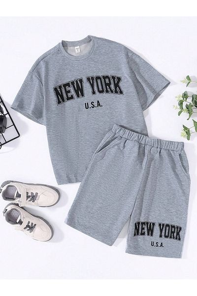 BYMEER Costum pantaloni scurți pentru copii cu imprimeu New York gri