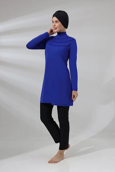hazelin Γυναικεία Hijab Saks Μπλε Μεγάλο Μέγεθος Μακρυμάνικο Καλσόν Ολόσωμο Φόρεμα Μαγιό Hzl24s-ar1286-11