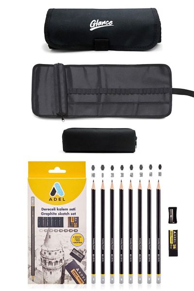 GLANCE Adel Graduated Pen Set 8-Piece Black Roll Cloth Pen Holder 24 Compartments + Pen Box Set