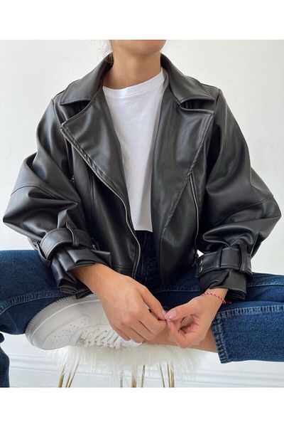 Afiş Butik Черно кожено яке с балонен ръкав