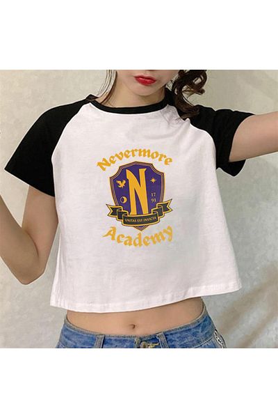 Touz Moda Nevermore Academy Printed - White Crop Raglan Sleeve