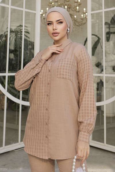 InStyle Movra Gingham Detailed Shirt Set - Brown