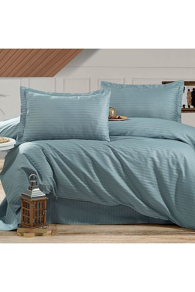 Alena Home Style 100% Cotton Satin (With Elastic Sheet) Striped Single Duvet Cover Set