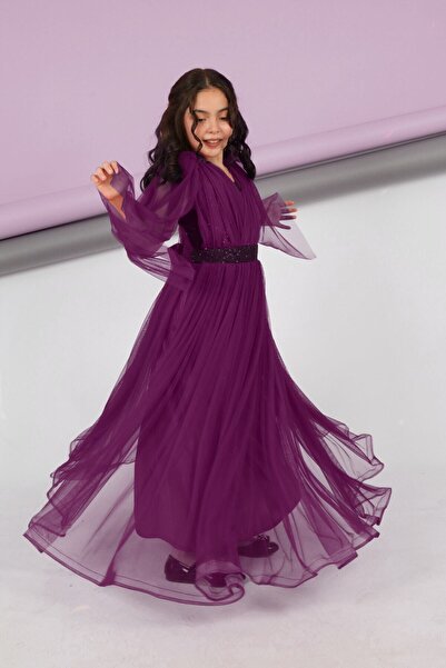 Jannock Kız Çocuk Mor Bel ve Göğüs Pul Payet Sırt Lastikli Abiye Mezuniyet Düğün Balo Elbisesi