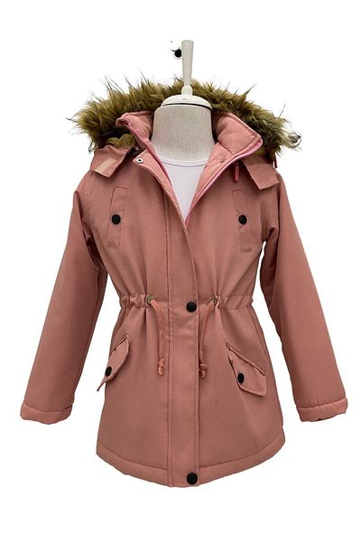 Jannock Children's Powder Winter Waist Drawstring Above Knee Fur Hooded Coat