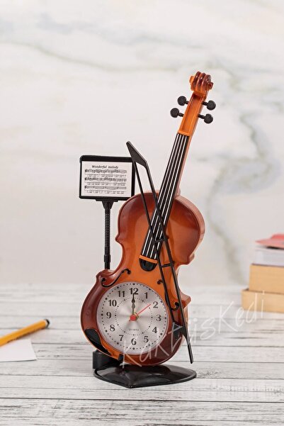 KaktüsKedi Keman Görünümlü Nota Detaylı Hediyelik Dekoratif Alarmlı Masa Saati