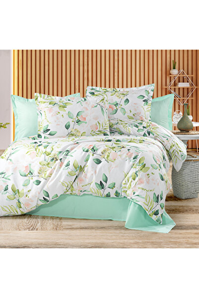 Alena Home Style %100 Pamuklu Yeşil Çiçek Desenli Çift Kişilik Nevresim Takım...