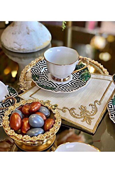 Teksev Köşeli Gold 6'lı Kahve Yanı Sunum Peçetesi Linen Keten Nakış Işlemeli ...