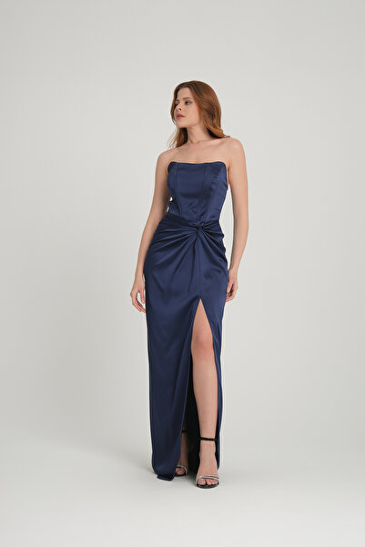 meksila kadın saten straptes balenli düğüm detaylı yırtmaçlı uzun saten astarlı düğün nişan davet abiye