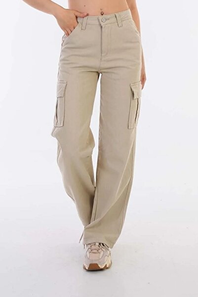 Jannock Κοριτσίστικο παντελόνι με φαρδύ πόδι ψηλόμεσο μπεζ