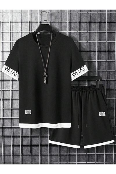 Benisengiydir Set pantaloni scurti unisex cu mâneci negre imprimate