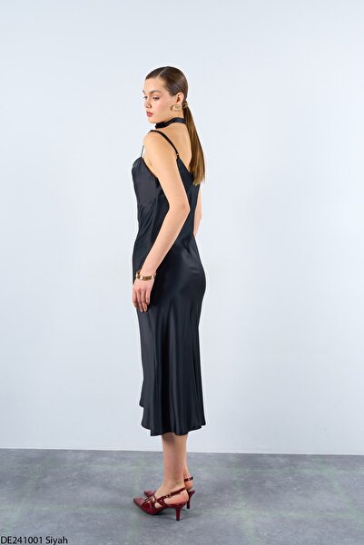 Liora Kadın Siyah Saten Ayarlanabilir Askılı Midi Boy Volanlı Elbise