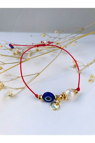 NAZLI TAKILAR Special Red Bracelet with Barley Pearl and Evil Eye Beads for Valentine's Day