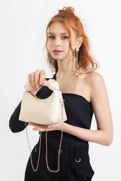 NOTHING Dámská smetanová měkká kožená taška s řetízkovým popruhem s detailním řetízkem do ruky