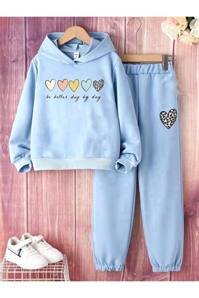 MORNİNG KİDS Çocuk Kapşonlu Bebe Mavi Minimal Kalp Baskılı Eşofman Takımı