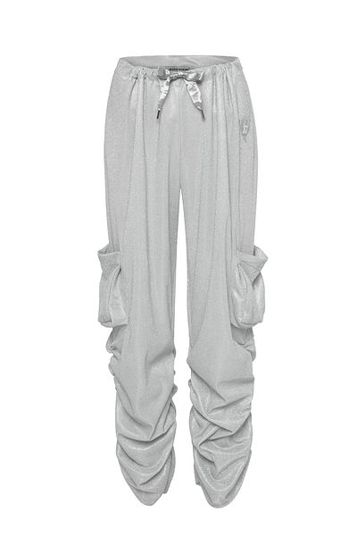 Gülşah Evecen Special Design White Silver Glitter Drawstring Cargo Sweatpants