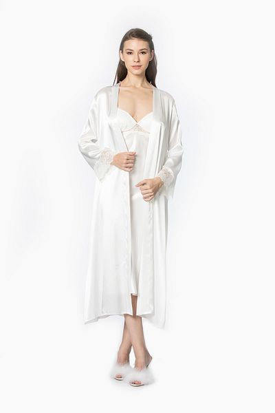 Pierre Cardin Set cămașă de noapte și halat de toaletă din dantelă din satin - 4370