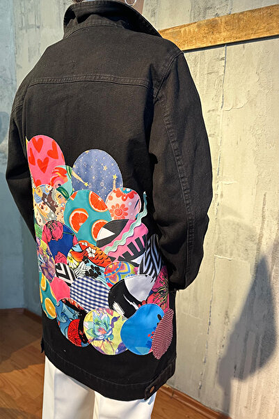 poupee Jachetă de blugi neagră, Jachetă de blugi neagră pentru femei, Jachetă lungă de blugi cu design detaliat mozaic, Jachetă oversize