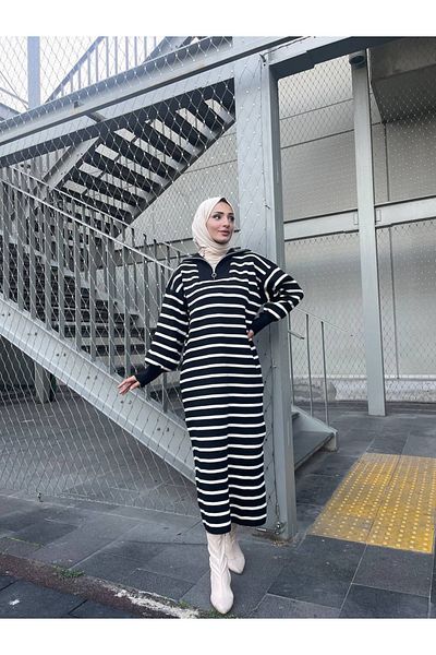 Arden Scarf Striped Zipper Knitwear Dress Black