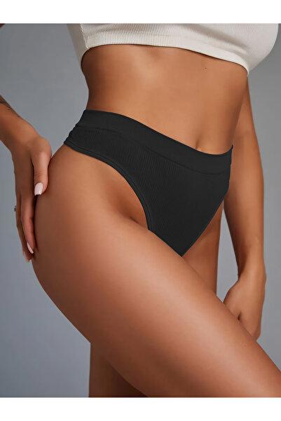 MİSTİRİK Paulo Model Flexible and Soft Fabric Ribbed String Sports Panties Black Color