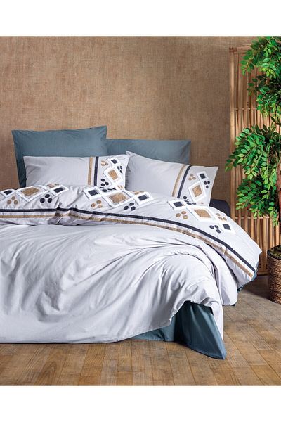 Cotton Box Puff Embroidered Double Duvet Cover Set Stesso Gray