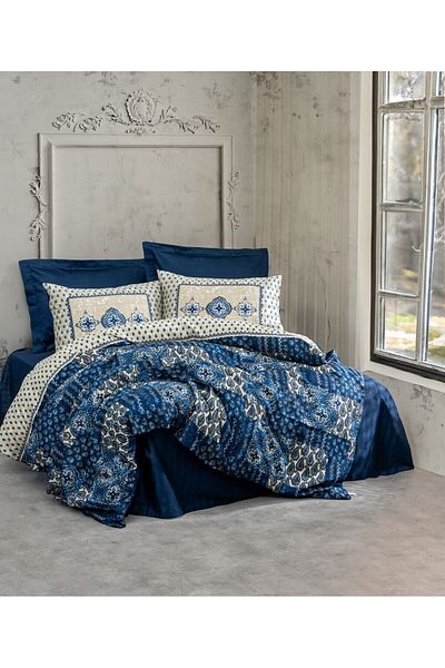 Cotton Box Σετ Παπλωματοθήκη Διπλό Σατέν Stasya Navy Blue