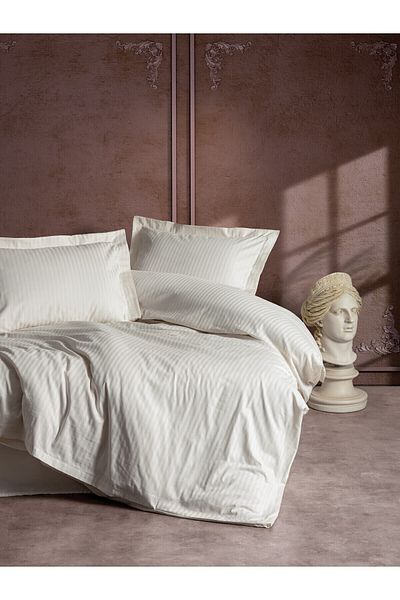 Cotton Box Ecru Satin Double Duvet Cover Set - Stylish Striped