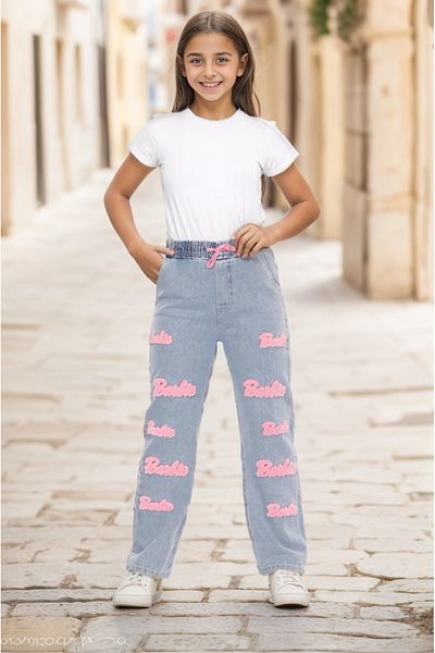 Asortix Girl's Elastic Waist Embroidered Jeans