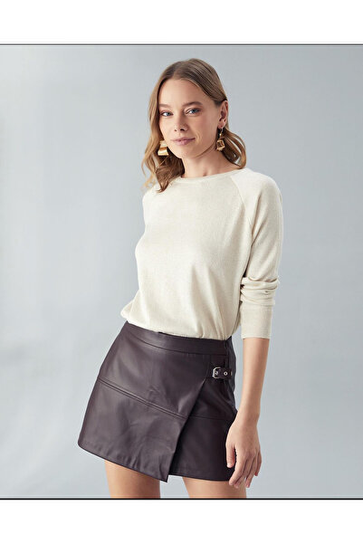 Kadın Krem Simli Basic Uzun Kollu Günlük Rahat Casual Modern Özel Gün Davet Kazak
