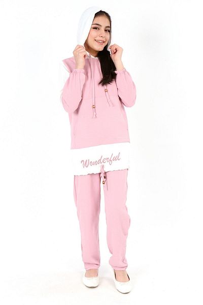 MIZMIZ Girl's Aerobin Hooded Kangaroo Pocket Long Sleeve Hijab Bottom Top Tunic Set