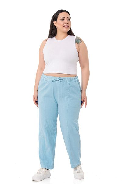 DISENTIS MODEST Pantaloni albaștri mărimi plus cu talie elastică și detaliu cu șnur de frânghie