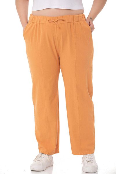 DISENTIS MODEST Plus Size Mustard Trousers with Elastic Waist and Rope Drawstring Detail
