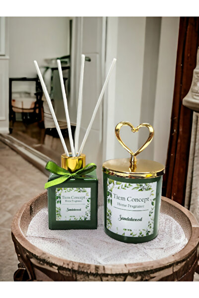 Tiem Concept Kalp Gold Başlıklı Sandal Ağacı Kokulu Yeşil Bardak Mum Ve Çubuk...