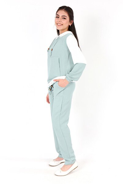 Genel Markalar Kız Çocuk Airobin Kumaş Kapüşonlu Kanguru Cep Uzun Kol Alt Üst Tunik Takım