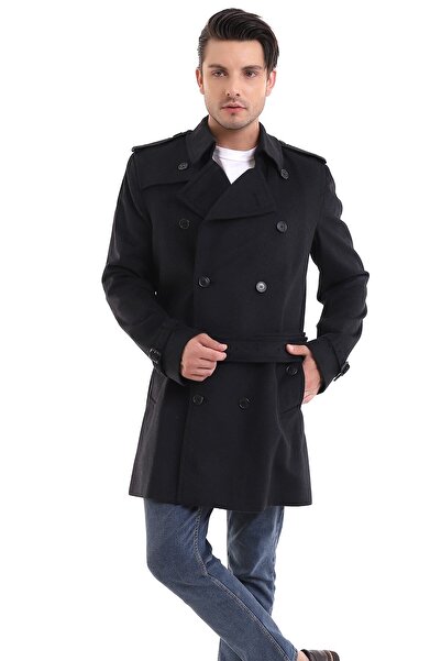 By Karaaslan Erkek Siyah Palto Düğmeli Italyan Kemerli Yünlü Kaşmir
