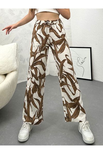 Ozy Fashion High Waist, Elastic Waist, Pocketed Flamed Linen Wide Leg Summer Brown Leaf Patterned Trousers