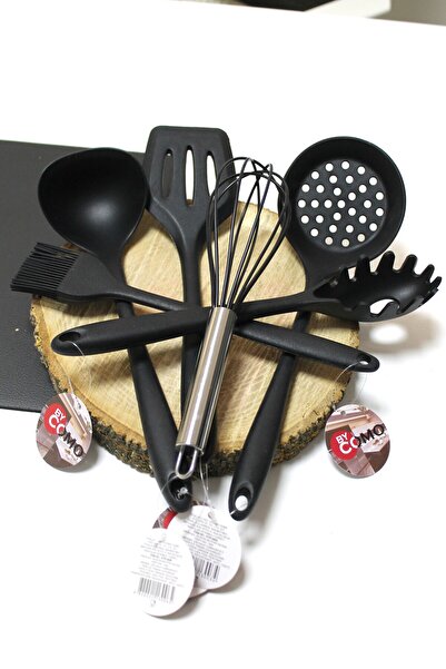 SUNVEO Siyah Lüx Yanmaz Yapışmaz 6lı Silikon Teflon Kaplama Servis Seti Kepçe...