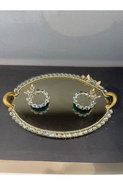Peramari Decorative Crystal Glass Mirror Oval Presentation Tray Gold