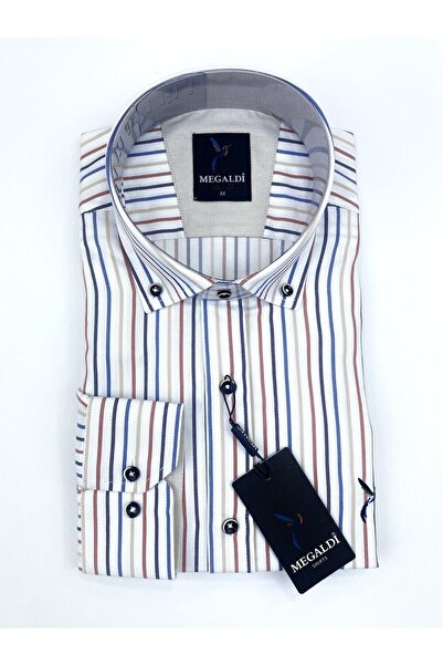 MEGALDİ Erkek Slim Fit Kırmızı Mavi Çizgili Uzun Kollu Gömlek