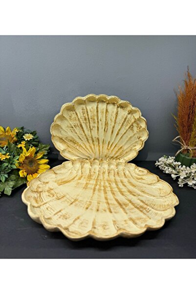 Peramari Dekoratif Polyester İkili İstiridye Tepsi Sunumluk Krem Gold Eskitme
