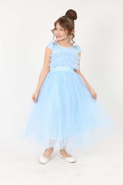 Asortik Kids Κοριτσίστικο μπλε βραδινό φόρεμα με σχέδιο γκουπέρ 6 ετών-7 ετών-8 ετών-9 ετών-10 ετών