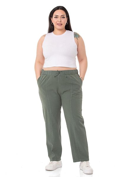 DISENTIS MODEST Plus Size Khaki Trousers with Elastic Waist and Rope Drawstring Detail