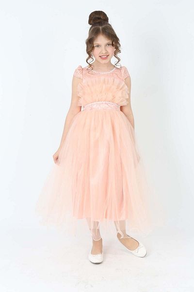 Asortik Kids Παιδικό βραδινό φόρεμα σομόν Φόρεμα γάμου με μοτίβο γκουπέρ 6 ετών-7 ετών-8 ετών-9 ετών-10 ετών