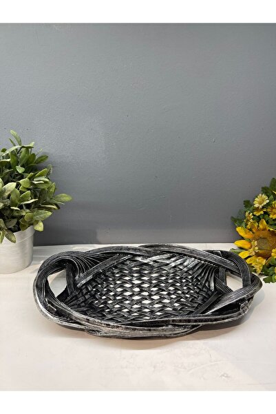 Peramari Dekoratif Polyester Tekli Hasır Sunumluk Tepsi Gümüş Siyah Eskitme