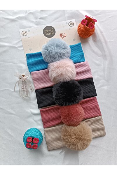 MyHubi 5-Piece Combination (Boxed) Handmade Baby Girl Rabbit Hair Pompom Bandana